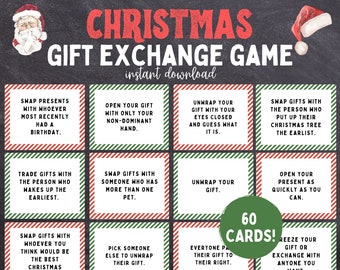 Può includere: Un set di 60 carte per il gioco di scambio di regali di Natale con bordi a strisce rosse e verdi. Le carte contengono istruzioni per un divertente e festoso gioco di scambio di regali. Le carte sono stampate su cartoncino bianco e presentano un tema natalizio festoso.