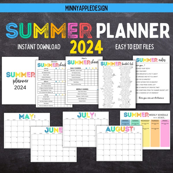 Printable Editable SUMMER 2024 Planner Bundle | Summer Calendar | Summer Checklist | Summer Chore Chart | Summer Planner | Chore Chart Kids