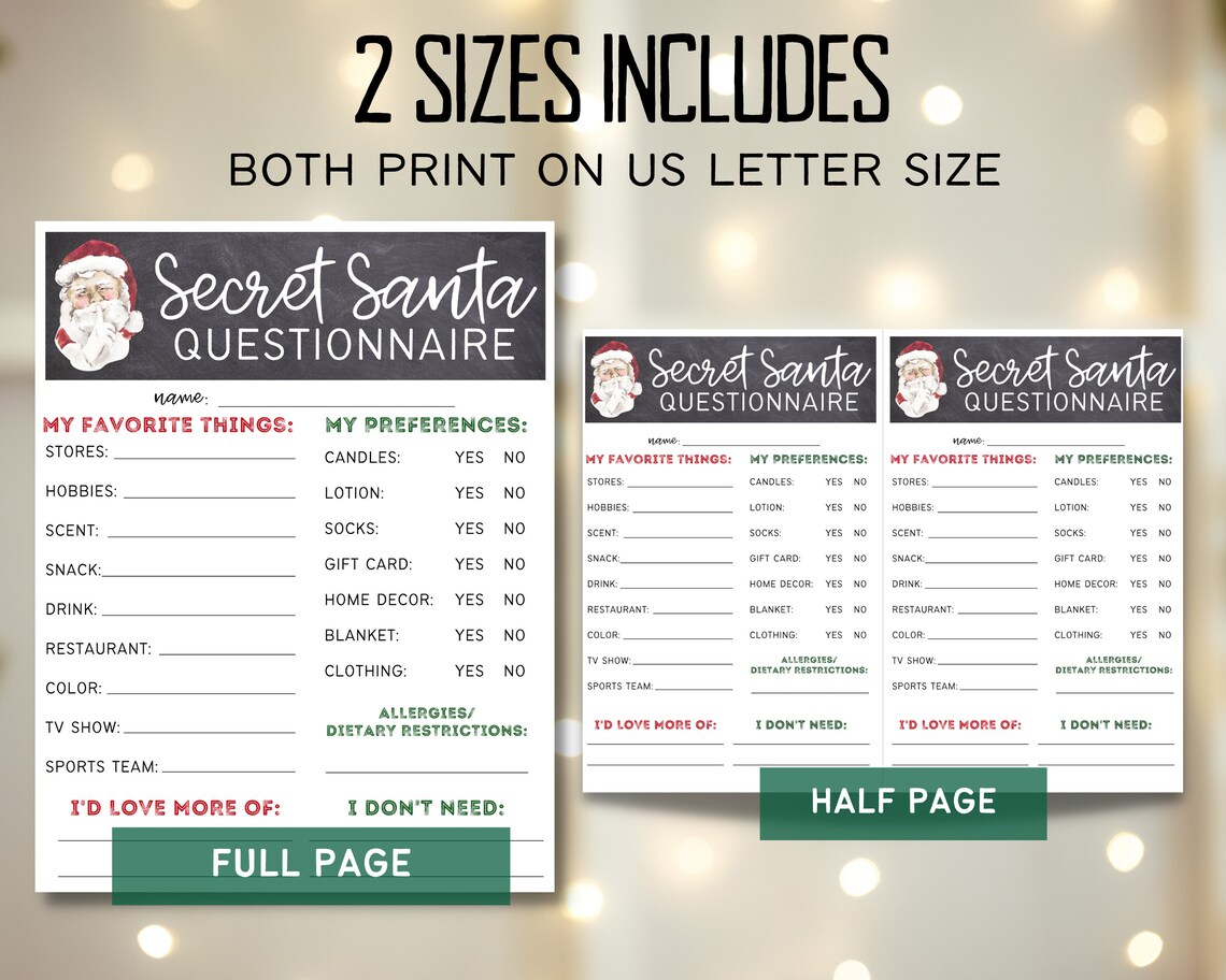 Printable Secret Santa Questionnaire Secret Santa Form - Etsy