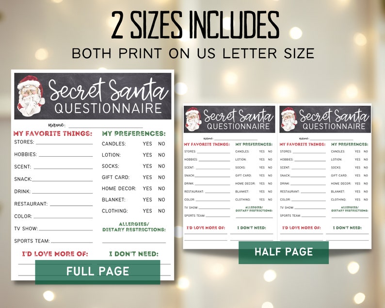 Printable Secret Santa Questionnaire Secret Santa Form - Etsy