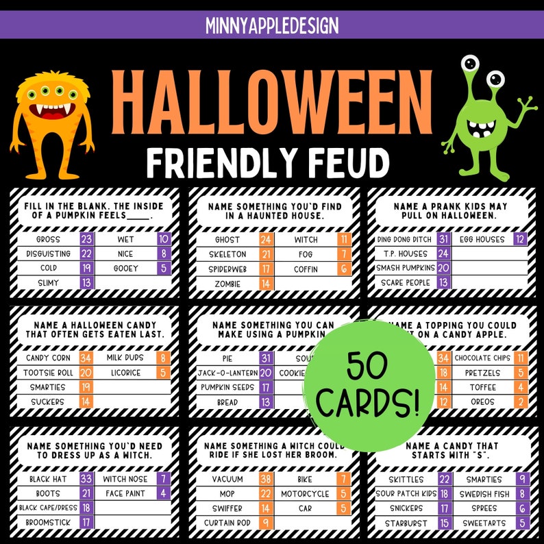 Peut inclure: Un jeu de 50 cartes sur le th&egrave;me d'Halloween avec des fonds &agrave; rayures noires et blanches. Les cartes pr&eacute;sentent diverses questions et r&eacute;ponses sur le th&egrave;me d'Halloween. Les cartes sont imprim&eacute;es sur du papier cartonn&eacute; blanc avec du texte noir et des accents orange.