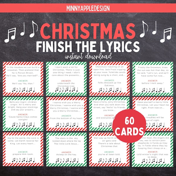 Christmas Carol Finish The Lyric Game | Printable Christmas Game | Finish the Phrase Christmas | Christmas Party Game | Instant Download