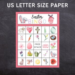 May include: A pink and white Easter Bingo card with images of bunnies, eggs, a cross, a heart, a lamb, a carrot, a butterfly, a watering can, a nest, tulips, and a sun. The card says "Easter Bingo" at the top.