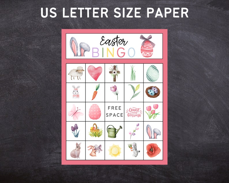 May include: A pink and white Easter Bingo card with images of bunnies, eggs, a cross, a heart, a lamb, a carrot, a butterfly, a watering can, a nest, tulips, and a sun. The card says "Easter Bingo" at the top.