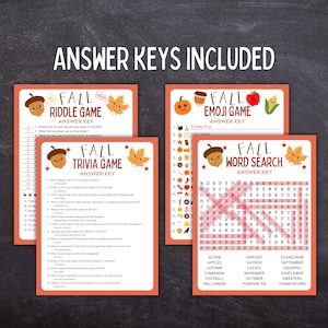 May include: Printable fall-themed game answer keys with a cute cartoon acorn design. The answer keys include a word search, emoji game, trivia game, and riddle game.