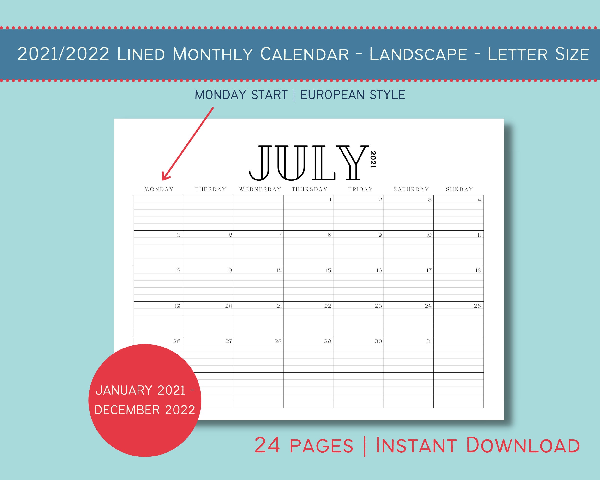 2021 2022 monthly lined printable calendar monday start etsy