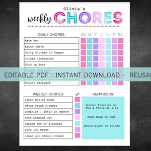 Printable Editable Daily & Weekly Kids Chore Responsibility Chart | Instant Download | Girls Routine Chart | Responsibility Chart