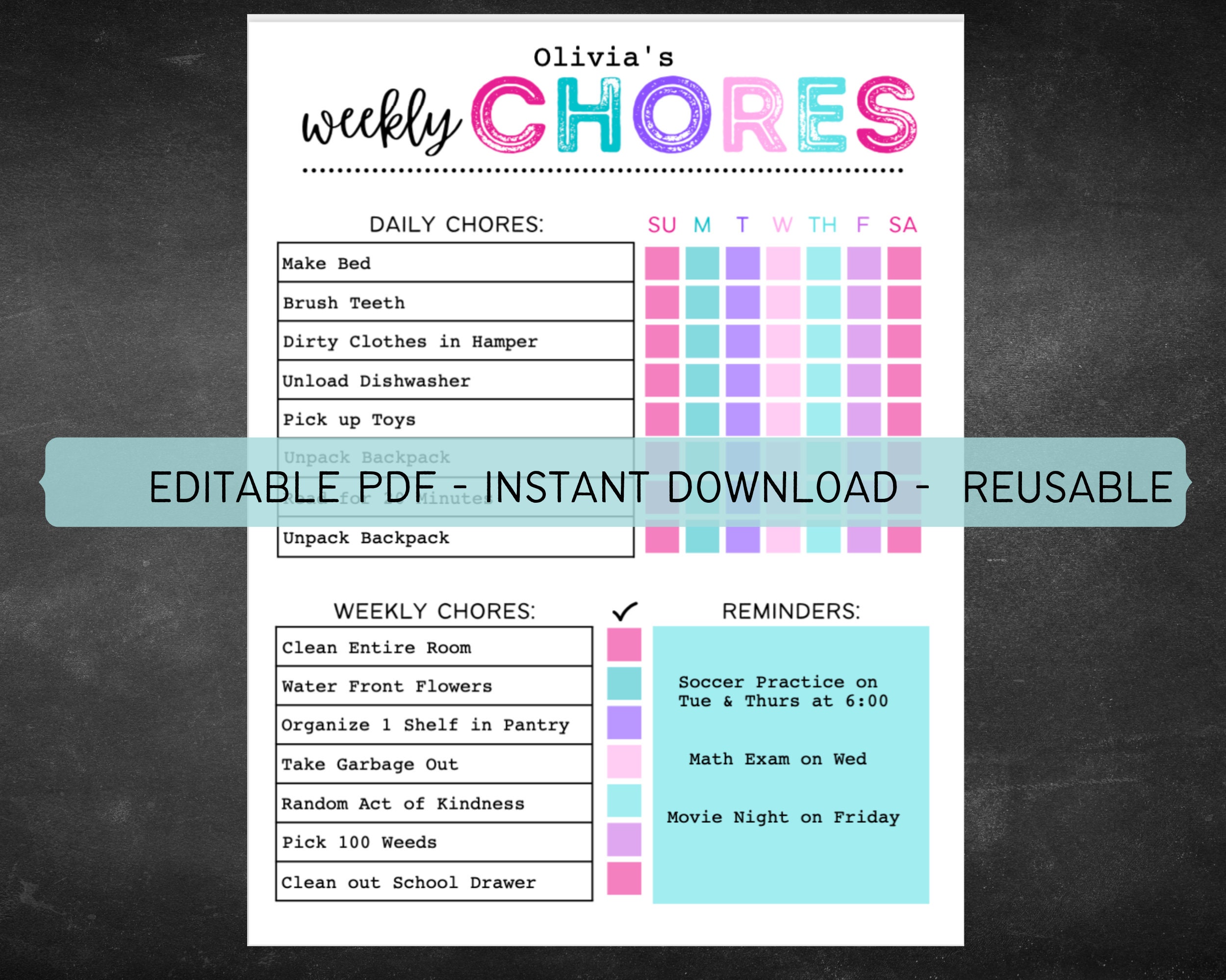 Printable Editable Daily & Weekly Kids Chore Responsibility Chart | Instant Download | Girls Routine Chart | Responsibility Chart
