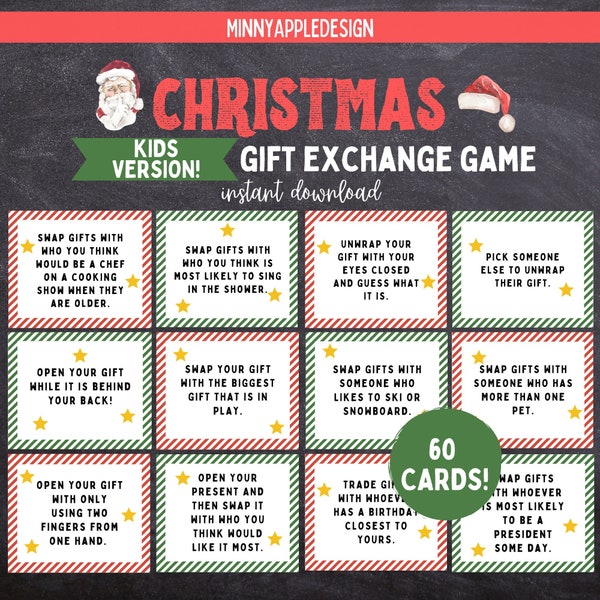 Kids Christmas Gift Exchange Game  | Printable Christmas Game | White Elephant Gift Exchange Cards | Christmas Games for Kids
