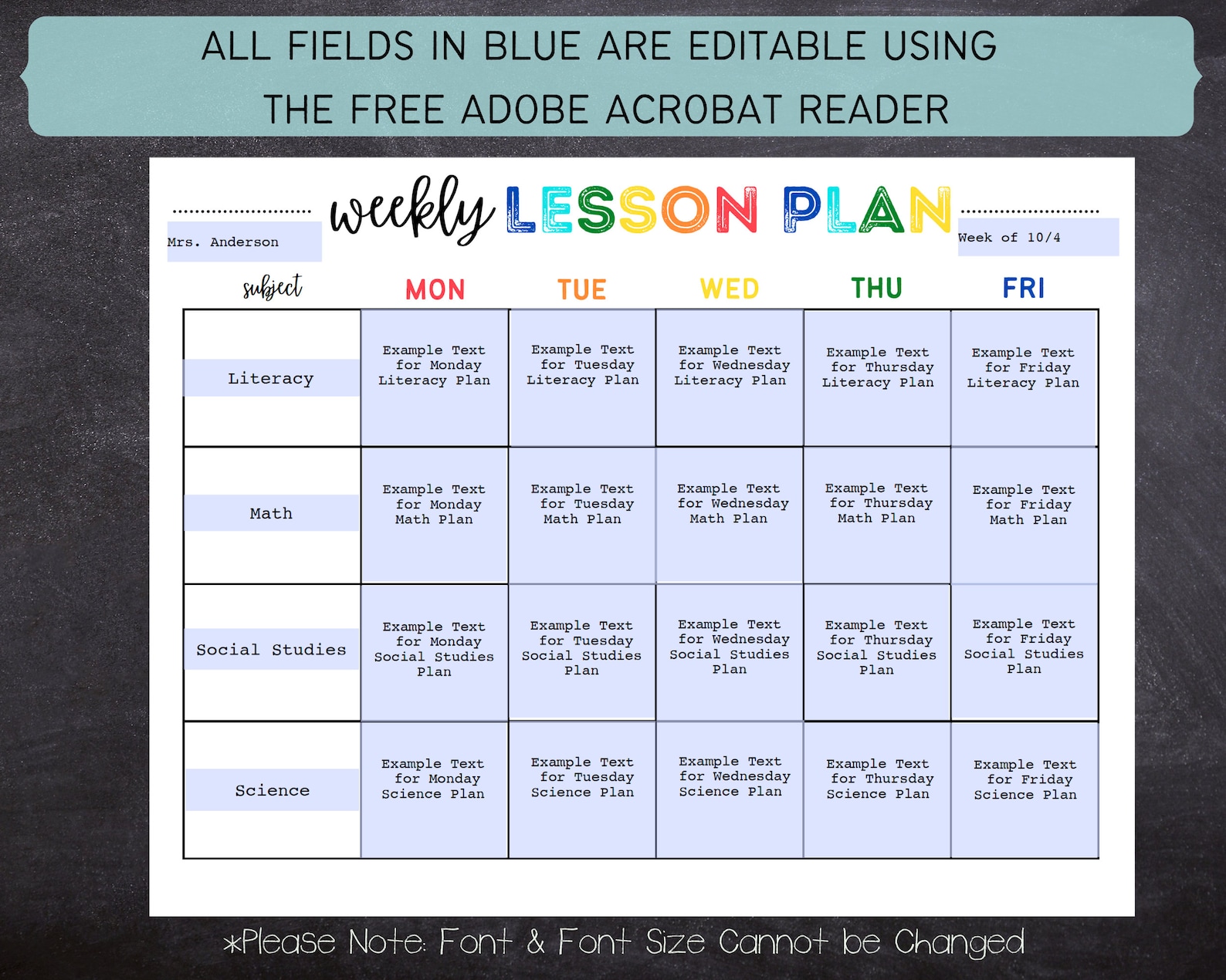 Printable Editable Weekly Lesson Plan Simple School Schedule Weekly