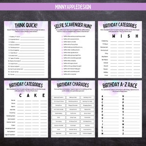 May include: A set of printable birthday party game cards with colorful backgrounds. The games include Think Quick, Selfie Scavenger Hunt, Birthday Categories, Birthday Charades, and Birthday A-Z Race.