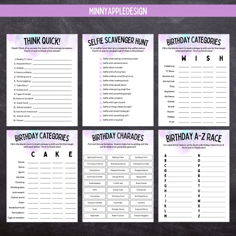 May include: A set of printable birthday party game cards with colorful backgrounds. The games include Think Quick, Selfie Scavenger Hunt, Birthday Categories, Birthday Charades, and Birthday A-Z Race.