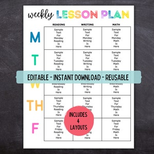 Printable Editable Weekly Lesson Plan | Simple School Schedule | Weekly School Schedule | Homeschool | Instant Download