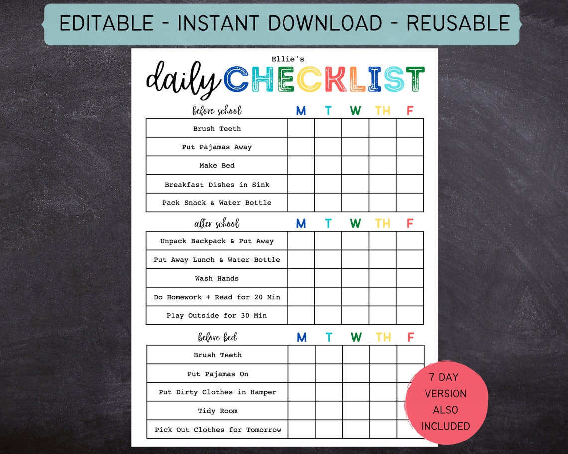 Printable Editable Daily Checklist for Kids Chore Chart for - Etsy