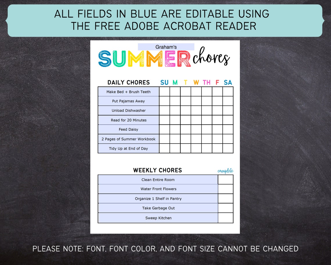 Printable Editable SUMMER Daily & Weekly Kids Chore - Etsy