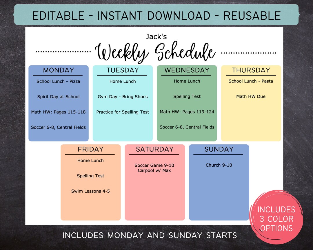 Printable Editable Weekly Schedule | Simple Kids School and Activity ...
