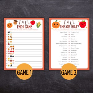 May include: Two printable game cards with a fall theme. The first card is a fall emoji game with 15 emojis and blank lines to write in the answers. The second card is a fall this or that game with 12 fall-themed choices to pick from.