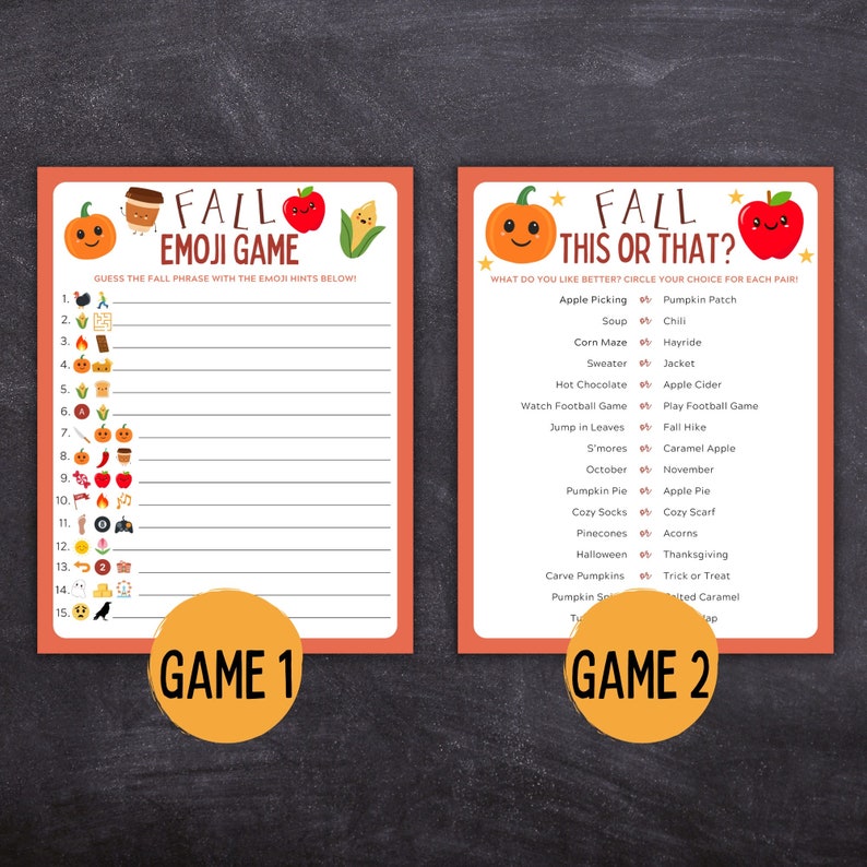 May include: Two printable game cards with a fall theme. The first card is a fall emoji game with 15 emojis and blank lines to write in the answers. The second card is a fall this or that game with 12 fall-themed choices to pick from.