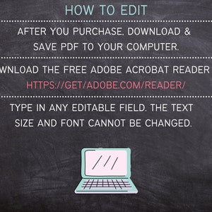 May include: Blackboard with white text explaining how to edit a PDF document. The text includes instructions to download the free Adobe Acrobat Reader at HTTPS://GET/ADOBE.COM/READER/. A blue laptop icon is at the bottom of the board.