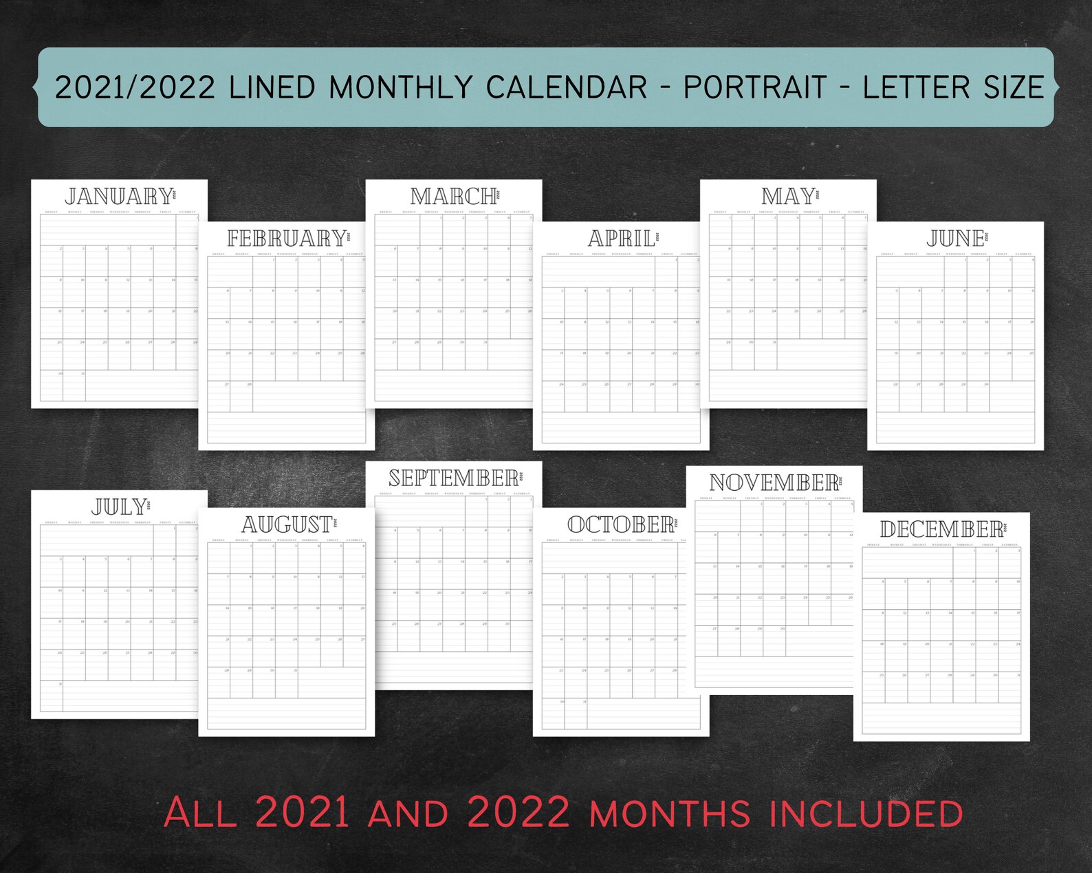 2021 2022 monthly lined printable calendar portrait lined etsy