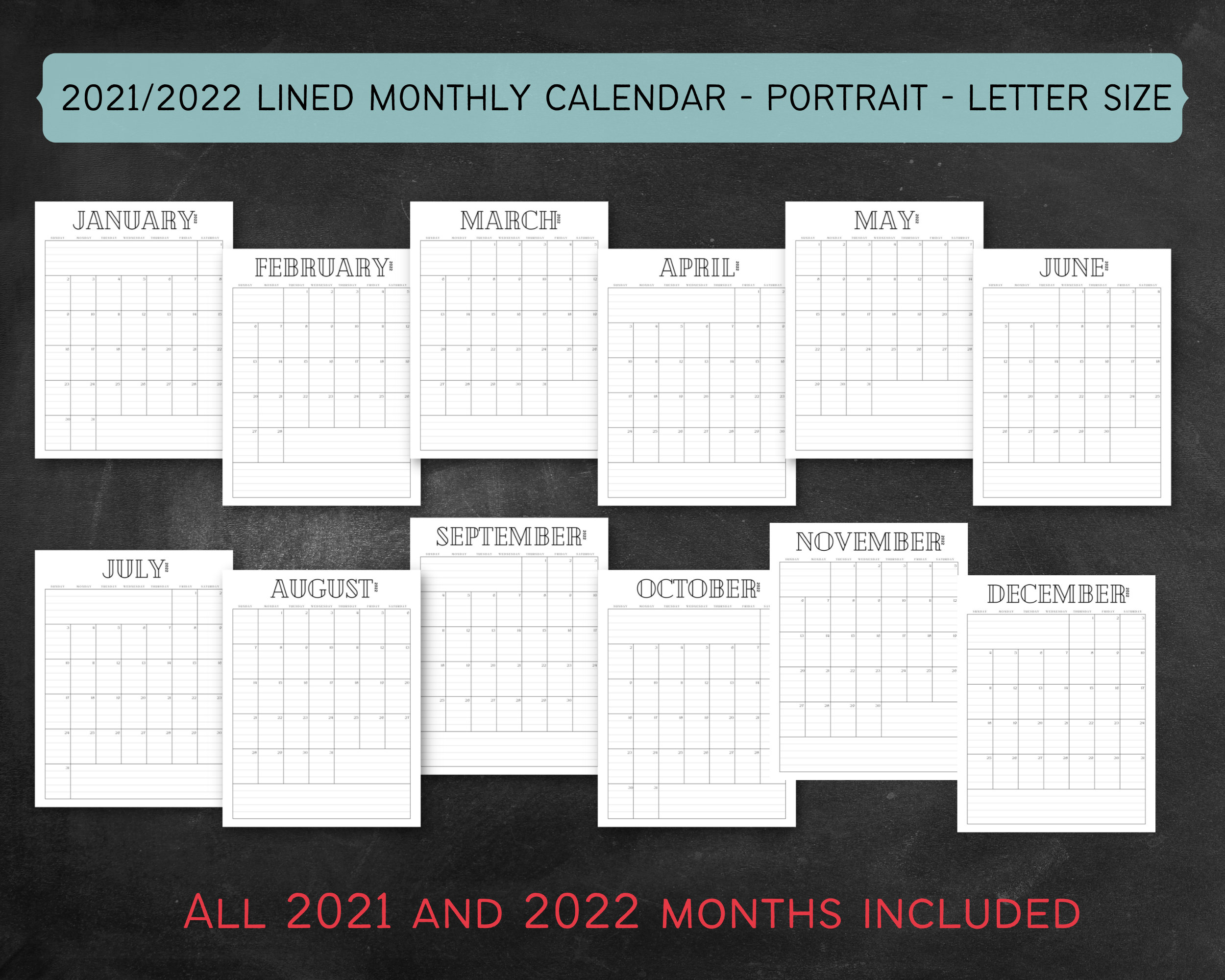 2021 2022 monthly lined printable calendar portrait lined etsy