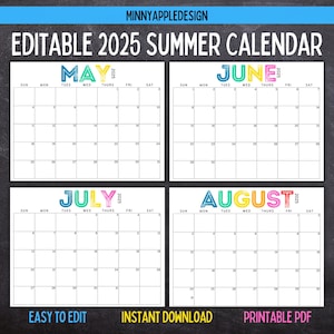 Printable Editable SUMMER Calendar June, July, August Calendar | May 2025 | June 2025 | July 2025 | August 2025 | Summer Planner