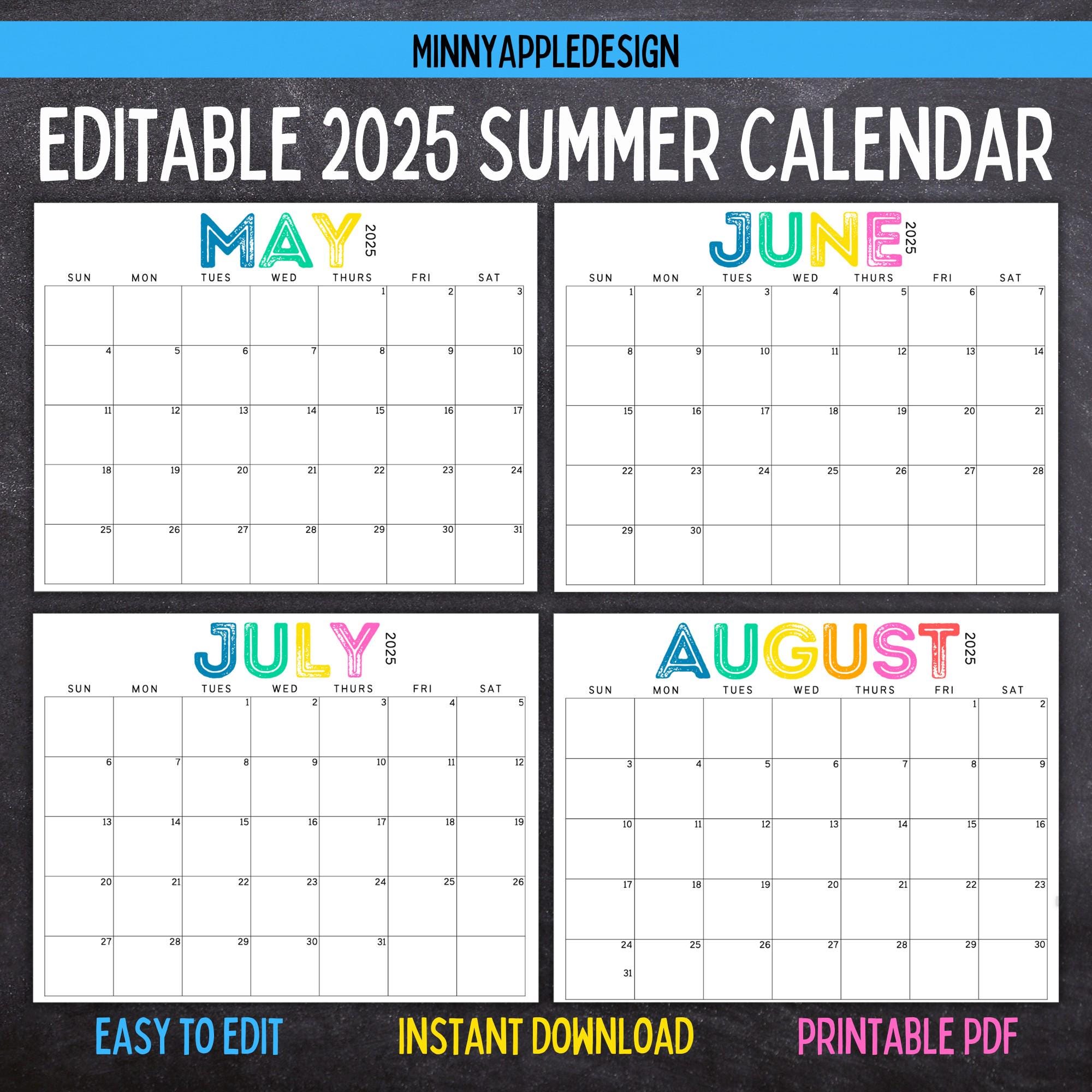 Printable Editable SUMMER Calendar June, July, August Calendar | May 2025 | June 2025 | July 2025 | August 2025 | Summer Planner - Etsy printable-editable-summer-calendar-june-july-august-calendar-may-2025-june-2025-july-2025-august-2025-summer-planner-etsy