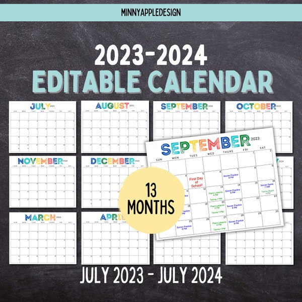 Printable Editable School Year Calendar  | 2023-2024 | Academic Calendar | Teacher Calendar | Student Calendar | Monthly Editable Calendar