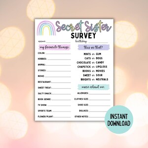 Printable Secret Sister Survey | Secret Sister Church | Secret Sister ...