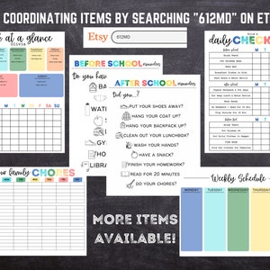 May include: A printable set of checklists and schedules for kids. The checklists include daily chores, before school reminders, and after school reminders. The schedules include a weekly schedule and a daily checklist. The checklists and schedules are designed to help kids stay organized and on track. The text on the checklists and schedules is in black and white, and the background is a chalkboard.