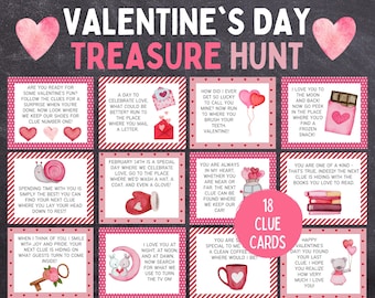 May include: A set of 18 pink and red Valentine's Day treasure hunt clue cards with illustrations and text. The cards feature a variety of themes, including love, hearts, and chocolate. The text on the cards includes phrases like "A Day to Celebrate Love" and "You Are One of a Kind".