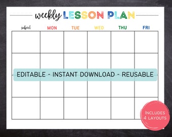 Printable Editable Weekly Lesson Plan | Simple School Schedule | Weekly School Schedule | Homeschool | Instant Download