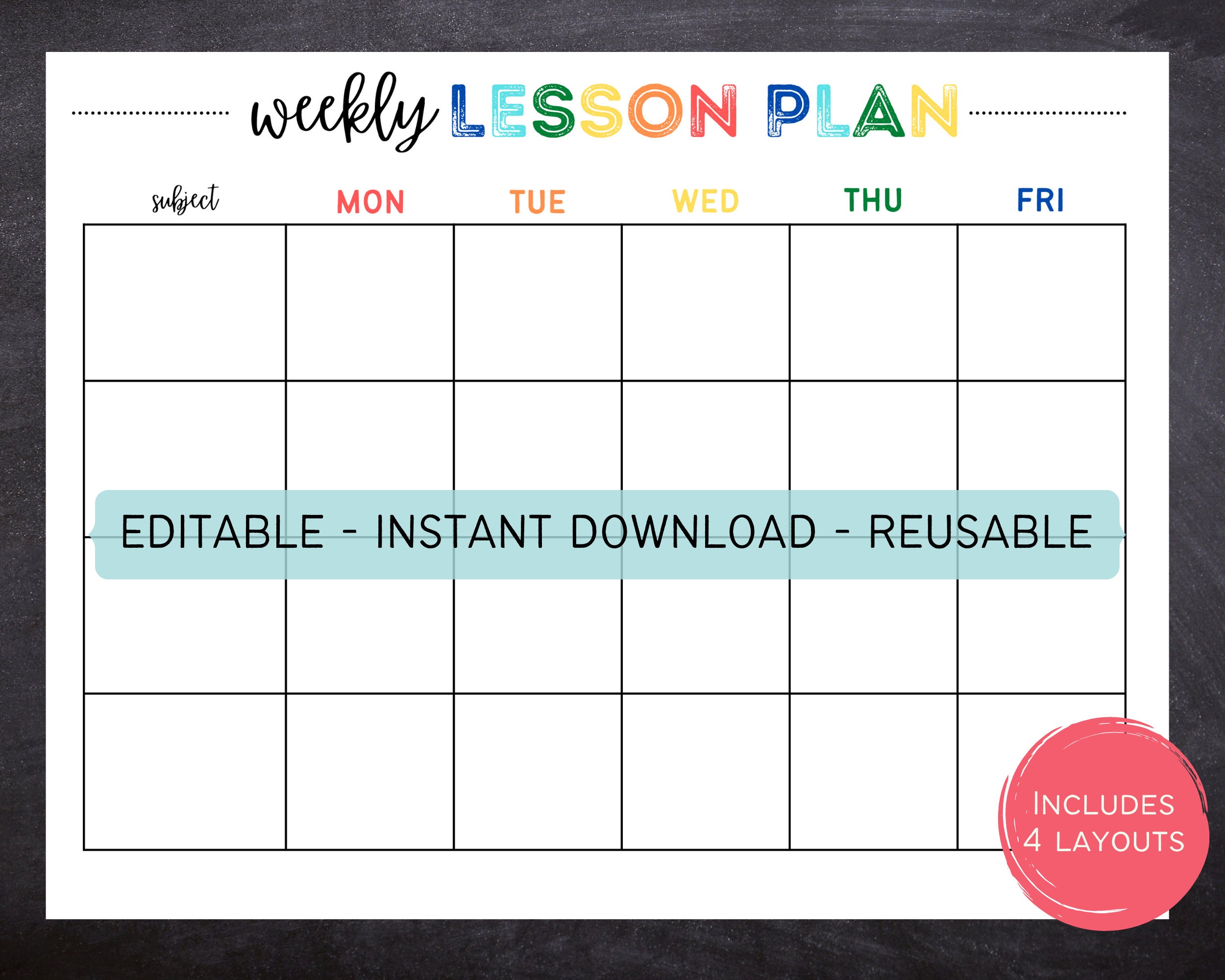 Printable Editable Weekly Lesson Plan Simple School Schedule Etsy