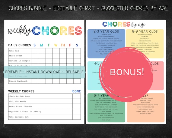 Chore Chart Template, Editable and Printable Daily and Weekly Chore Chart  with Reward