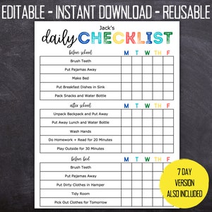 Printable Editable Daily Checklist for Kids | Chore Chart for Kids | Before School After School Rules | Instant Download  | 612MD