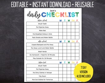 Printable Editable Daily Checklist for Kids | Chore Chart for Kids | Before School After School Rules | Instant Download  | 612MD