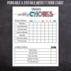 Printable Editable Daily & Weekly Kids Chore Responsibility Chart | Instant Download | Kids Routine Chart | Digital Download | 612MD