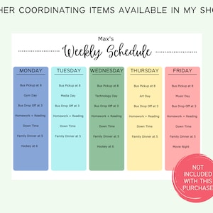 May include: A printable weekly schedule template for a child named Max. The schedule is divided into five days: Monday, Tuesday, Wednesday, Thursday, and Friday. Each day has a list of activities, including bus pickup, gym day, media day, technology day, art day, music day, homework, reading, down time, family dinner, hockey, and movie night.
