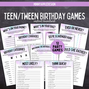 May include: A set of 12 printable party games for teens and tweens. The games are designed with a pink and blue watercolor background and feature titles like "What's on Your Phone?", "What's in Your Bag?", "Birthday Charades", "Selfie Scavenger Hunt", "Who Knows the Birthday Girl?", "Ever or Never?", "Would She Rather?", "Birthday Categories", "Most Likely?", and "Think Quick!"