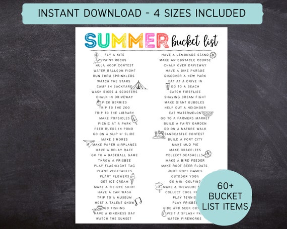 Printable SUMMER Bucket List US Letter A4 Poster Size US