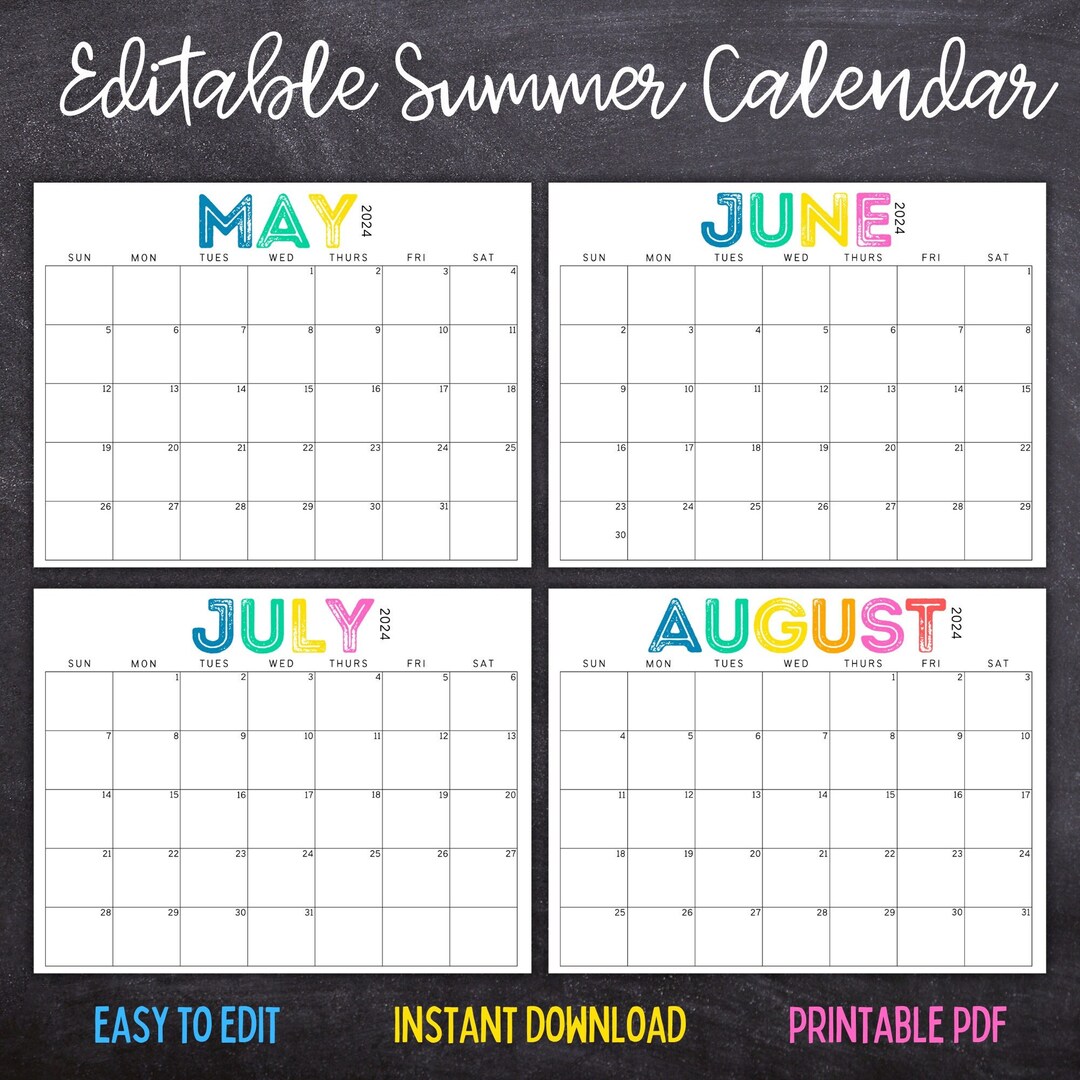 Printable Editable SUMMER Calendar June, July, August Calendar June ...