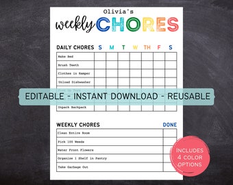 Printable Editable Daily & Weekly Kids Chore Responsibility Chart | Instant Download | Kids Routine Chart | Digital Download | 612MD