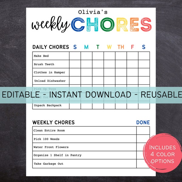 Printable Editable Daily & Weekly Kids Chore Responsibility Chart | Instant Download | Kids Routine Chart | Digital Download | 612MD