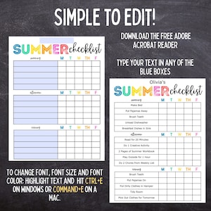 May include: A printable summer checklist with the words "SUMMER checklist" in colorful letters. The checklist is divided into morning, afternoon, and evening sections, with space to write daily tasks. Instructions are included to change the font and color.