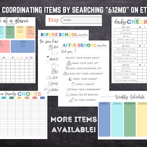 May include: A printable set of checklists and schedules for kids. The checklists include daily chores, before school reminders, and after school reminders. The schedules include a weekly schedule and a daily checklist. The checklists and schedules are designed to help kids stay organized and on track. The text on the checklists and schedules is in black and white, and the background is a chalkboard.
