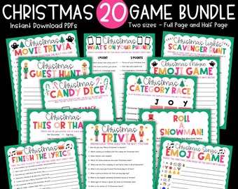 May include: A set of 20 printable Christmas game cards featuring a variety of themes, including movie trivia, scavenger hunts, and emoji games. The cards are designed with a festive green and red color scheme and feature illustrations of Christmas icons like candy canes, snowmen, and nutcrackers.