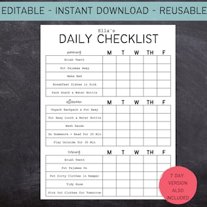 Printable Editable Daily Checklist for Kids, Teens, and Adults | Simple Chore Chart | Daily Routine Kids | Daily Routine Adult | 612MD
