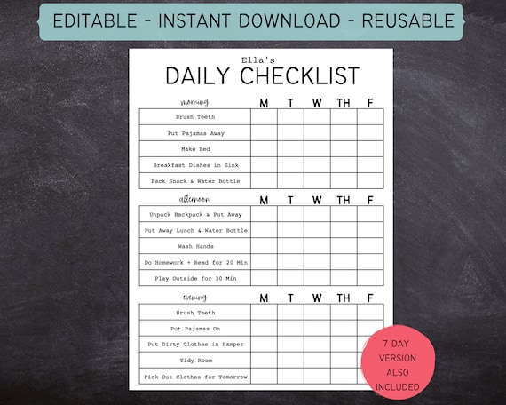 Printable Editable Daily Checklist for Kids, Teens, and Adults | Simple Chore Chart | Daily Routine Kids | Daily Routine Adult | 612MD