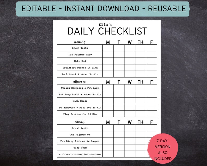 Printable Editable Daily Checklist for Kids, Teens, and Adults | Simple Chore Chart | Daily Routine Kids | Daily Routine Adult | 612MD image 1