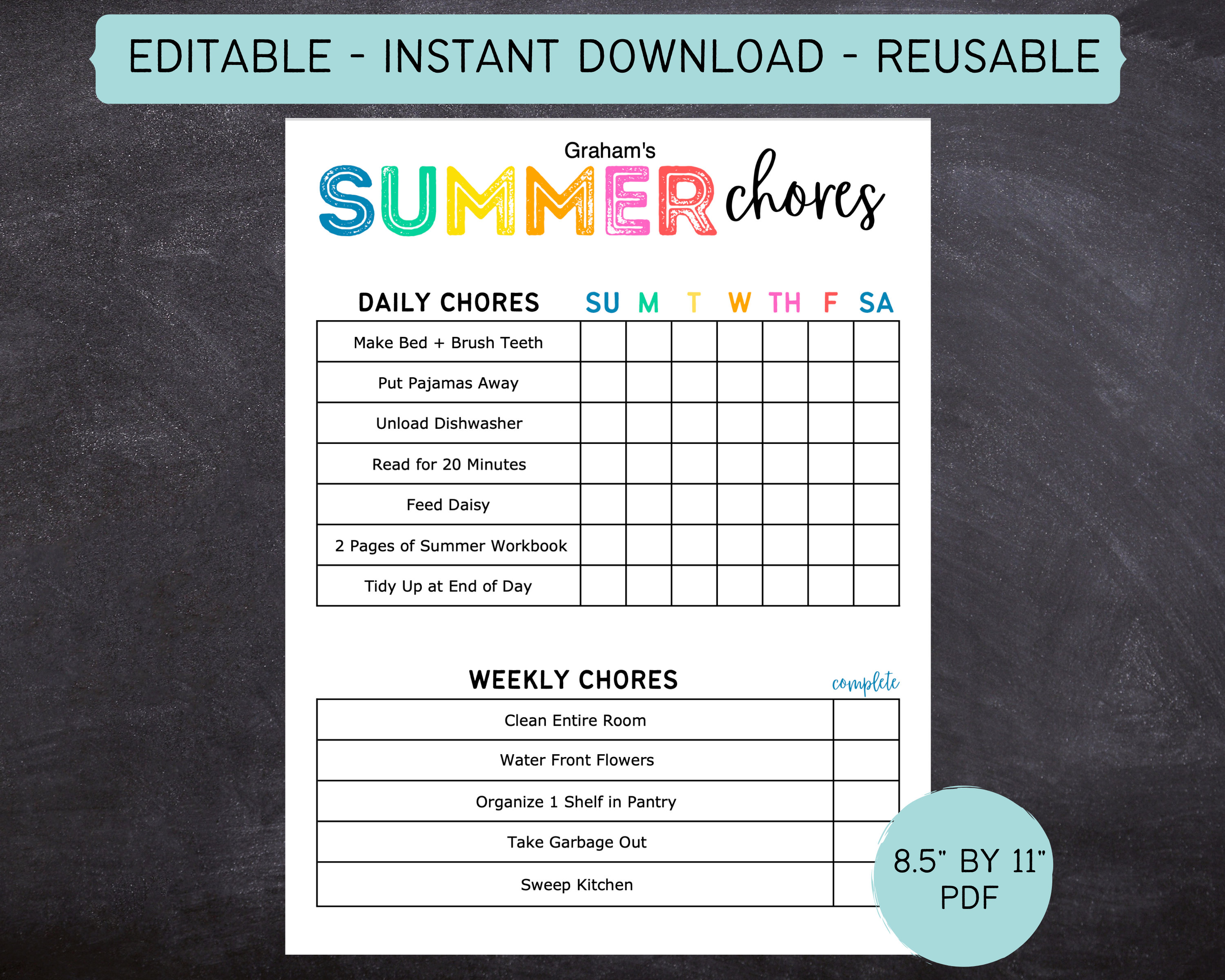 Printable Editable SUMMER Daily & Weekly Kids Chore Responsibility Chart Instant Download Kids Routine Chart Summer Routine - Etsy printable-editable-summer-daily-weekly-kids-chore-responsibility-chart-instant-download-kids-routine-chart-summer-routine-etsy